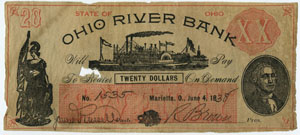Ohio River Bank. Counterfeit note, 1838. Bequest of Helen Beitler.